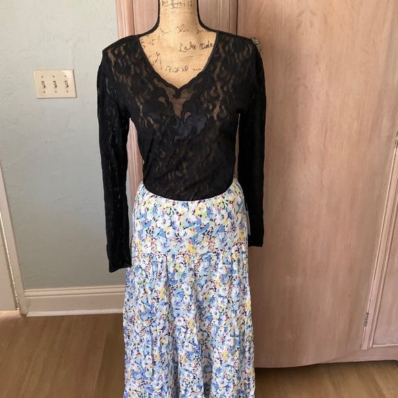 NWT Chaps Tiered prairie maxi Skirt Floral boho cotton summer cottagecore blue L - Picture 13 of 14